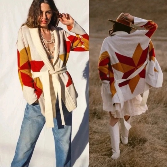 Jen’s Pirate Booty Freedom Star Cardigan Rust Yellow Reversible Holiday Sweater - Picture 1 of 15